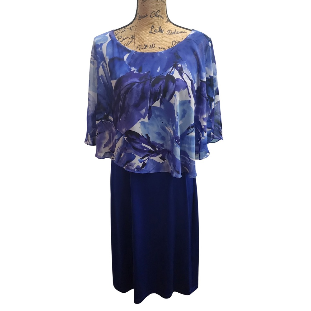 Connected Apparel Blue Floral Chiffon Overlay‎ Dress Size 12